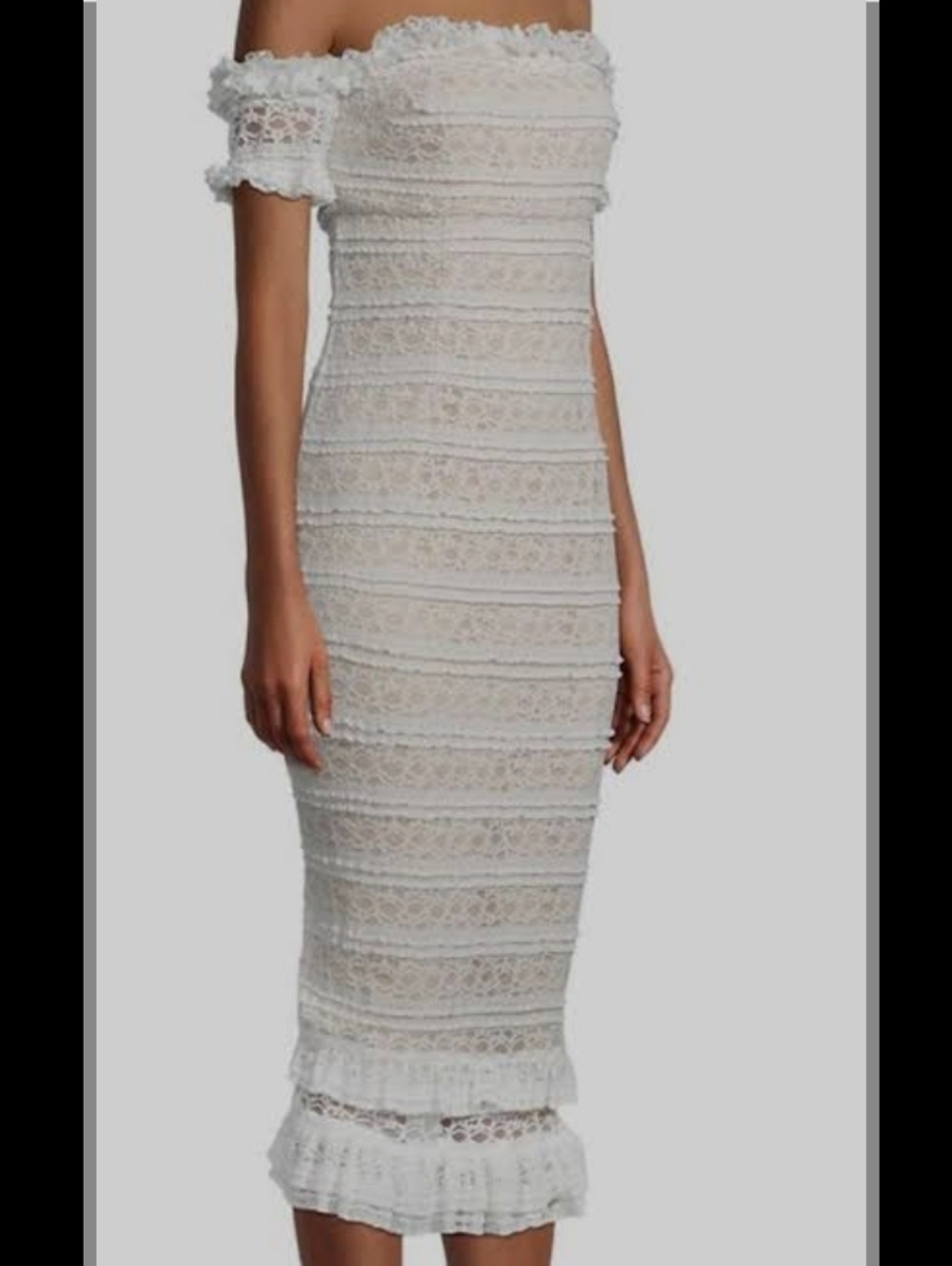 Likely Creamy white Off-Shoulder Lace Midi Dress with Ruffle Hem size 12 NWTS